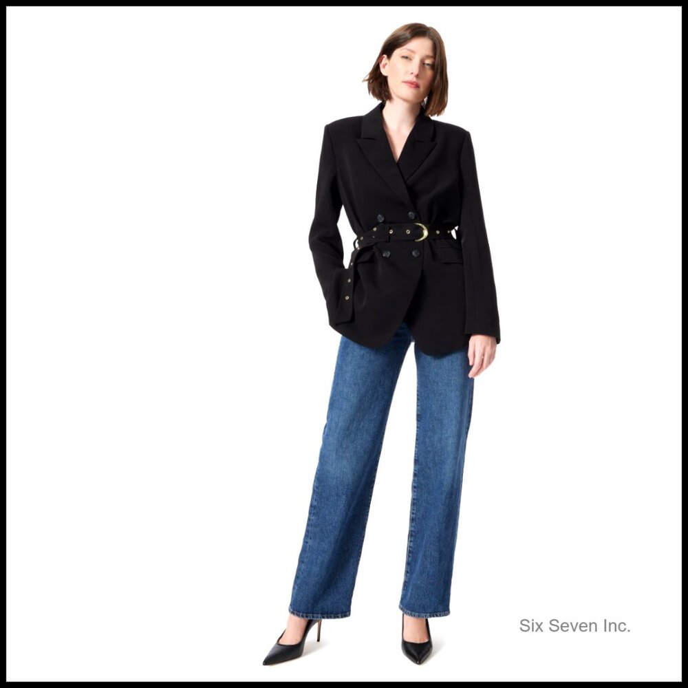 Oversized Double Breasted Belted Blazer, 100% Polyester, Notch Collar